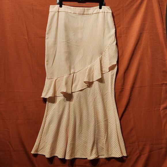 Eva Mendes New York & Co Sz 16 Orange Cream Striped Long Pencil Skirt Ruffle Hem - Picture 1 of 10